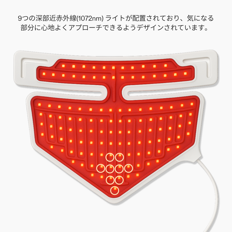 LED layout of CurrentBody Neck & Décolletage Mask Series 2 showing illuminated LEDs and red light therapy coverage for the chest area
