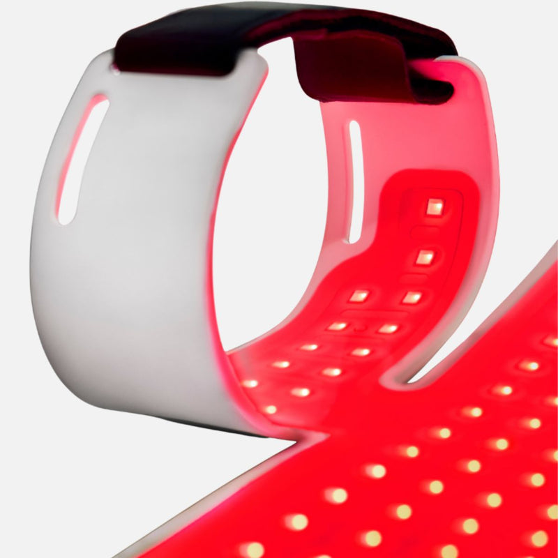 Close-up of illuminated LEDs on the CurrentBody Neck & Décolletage Mask Series 2 mask providing red light treatment for the neck